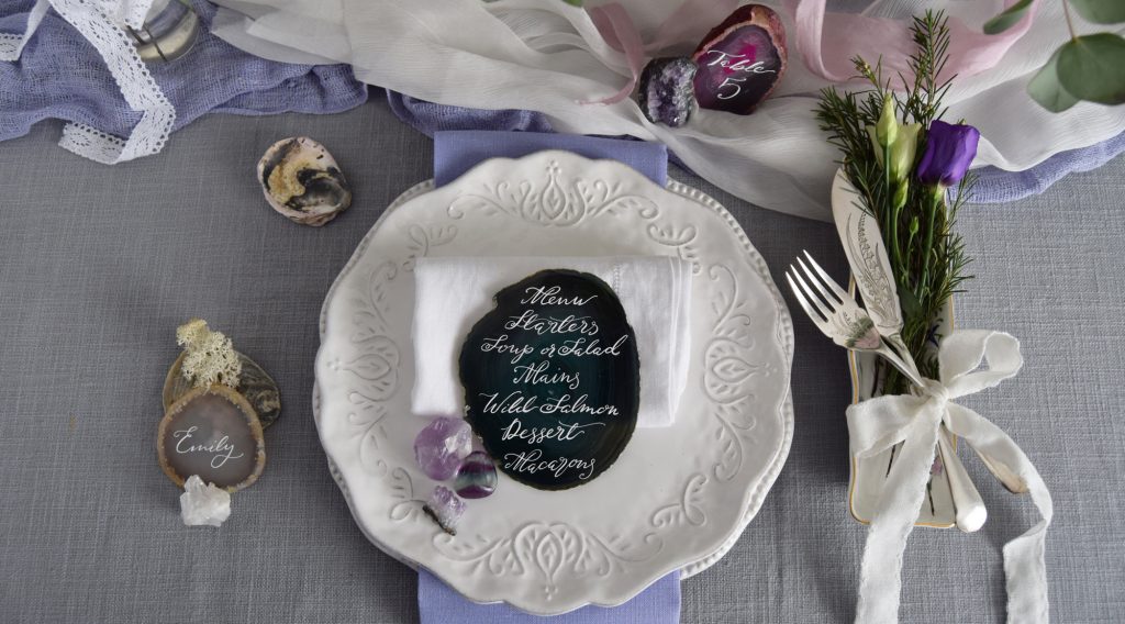 Wedding Table - Agate Slices and Crystals - Fine Art Calligraphy