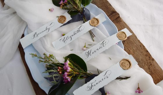 Handmade Paper Place Cards with Wax Seal - Fine Art Calligraphy