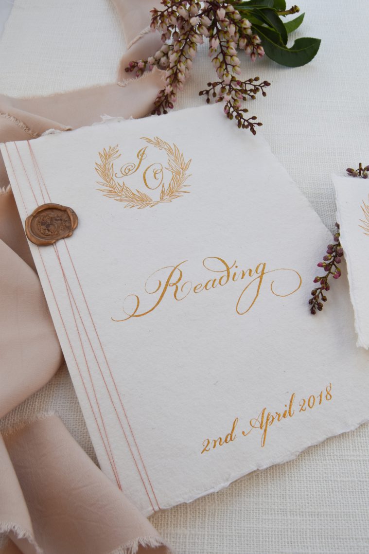 Wedding Reading Books on Handmade Paper with Gold Ink - Fine Art Calligraphy