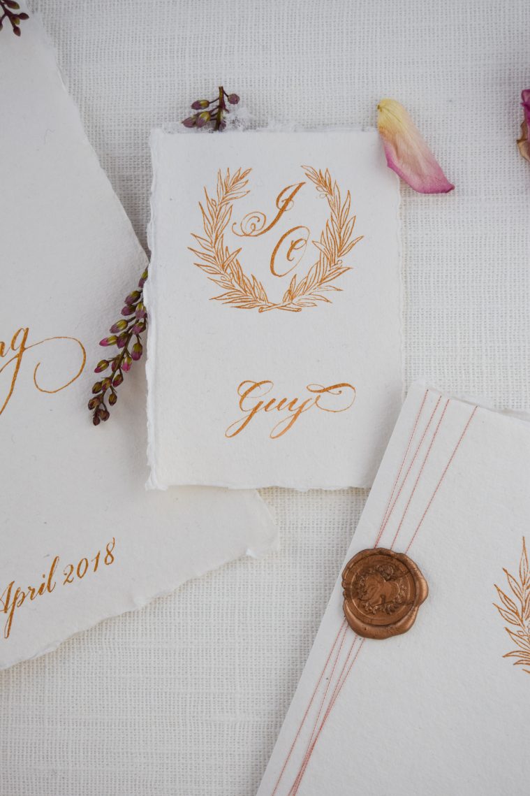 Wedding Place Cards on Handmade Paper with Gold Ink - Fine Art Calligraphy
