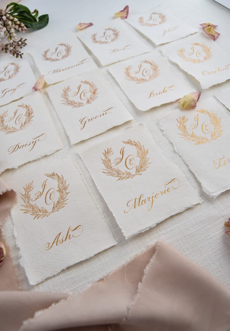 Wedding Place Cards on Handmade Paper with Gold Ink - Fine Art Calligraphy