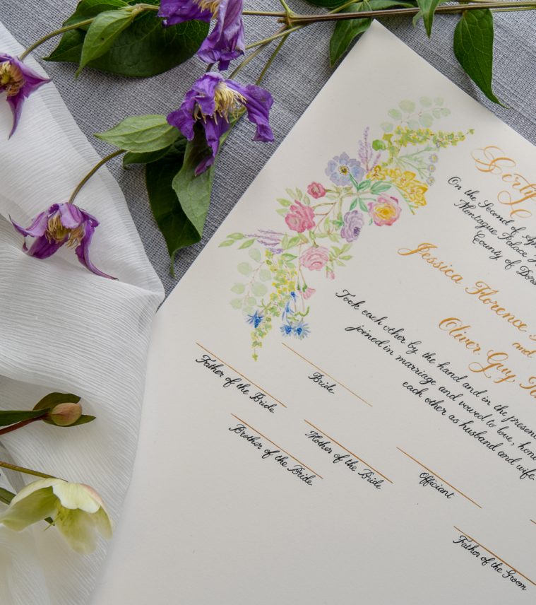 Wedding Certificate on Watercolour Paper - Fine Art Calligraphy